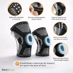 Joelheira ortopédica articulada com malha 3D respirável e suporte lateral de mola dupla para estabilização do joelho.